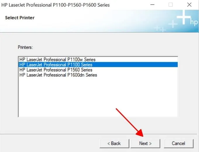 Chọn P1100 Series cho kết nối USB trong quá trình cài đặt driver HP LaserJet P1102