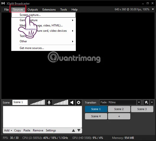 Chọn Screen Capture từ mục Sources trong XSplit Broadcaster để quay màn hình livestream