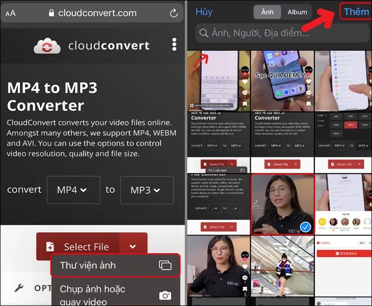 Chọn tệp video từ thư viện ảnh trên iPhone để tải lên dịch vụ chuyển đổi, chuẩn bị cho việc tải video chất lượng cao về iPhone 6 Plus
