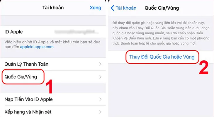 Chọn 'Thay Đổi Quốc Gia hoặc Vùng' trong Apple ID, bước chuẩn bị để tải Douyin