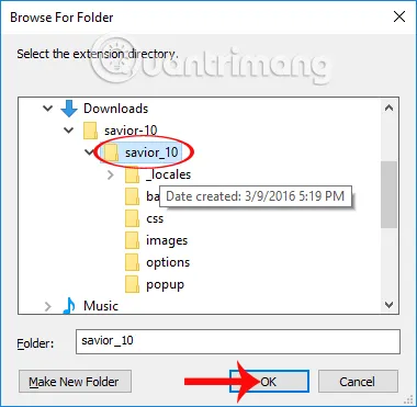 Chọn thư mục Savior đã giải nén để cài đặt tiện ích tải video YouTube trên Opera