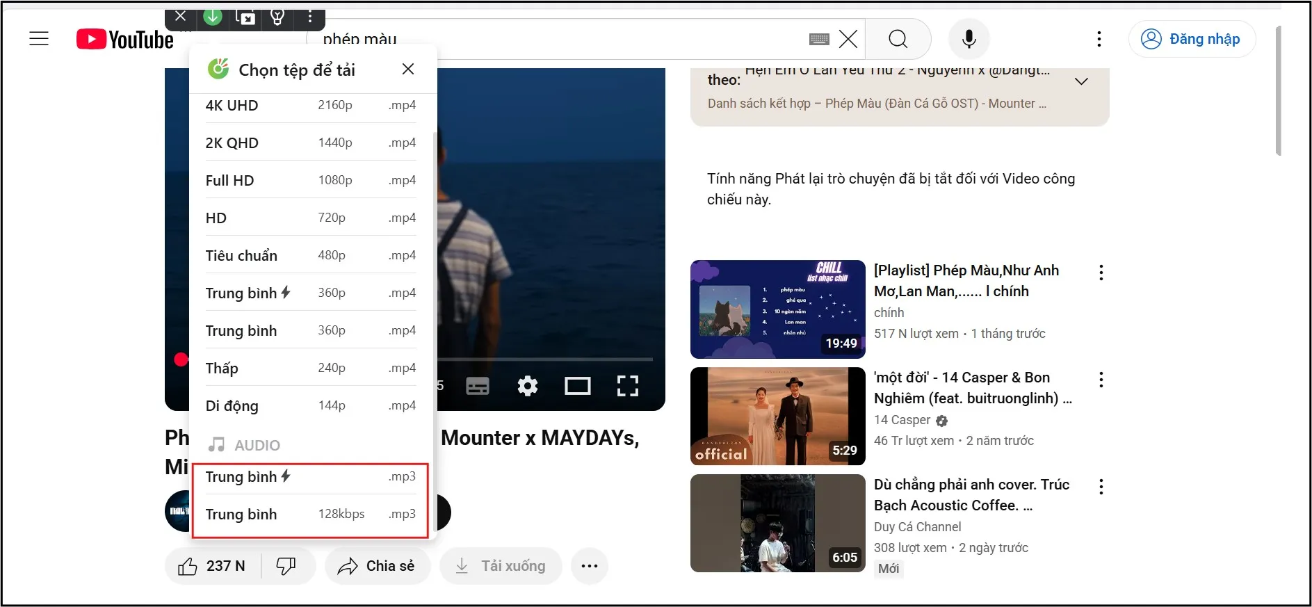 Chọn tùy chọn tải audio trên trình duyệt Cốc Cốc