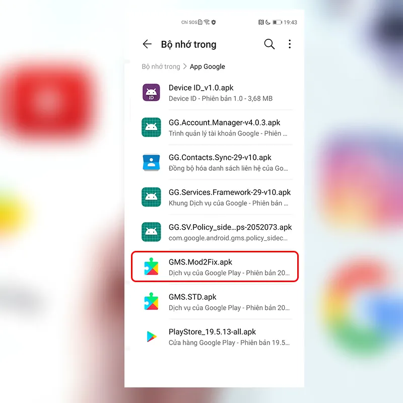 Chọn và cài đặt tệp GMS.Mod2Fix từ thư mục ứng dụng Google trên điện thoại Huawei, một bước quan trọng để khắc phục lỗi dịch vụ Google.