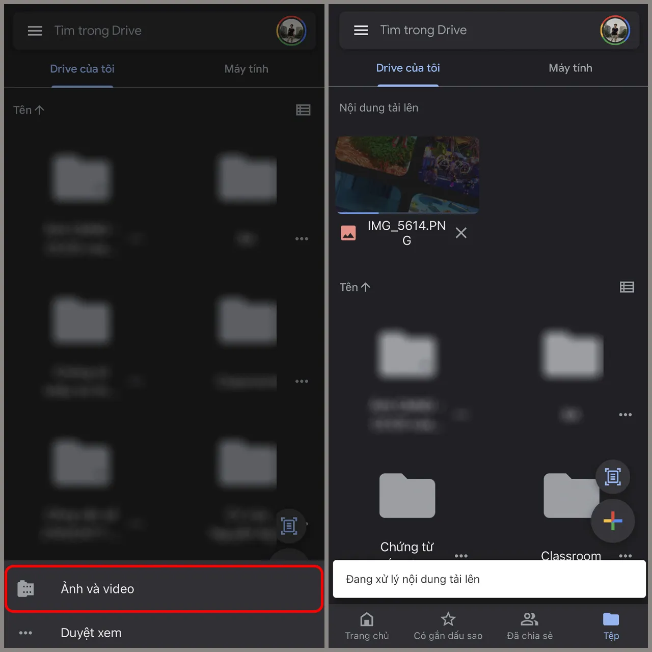 Chọn video để tải lên Google Drive từ điện thoại