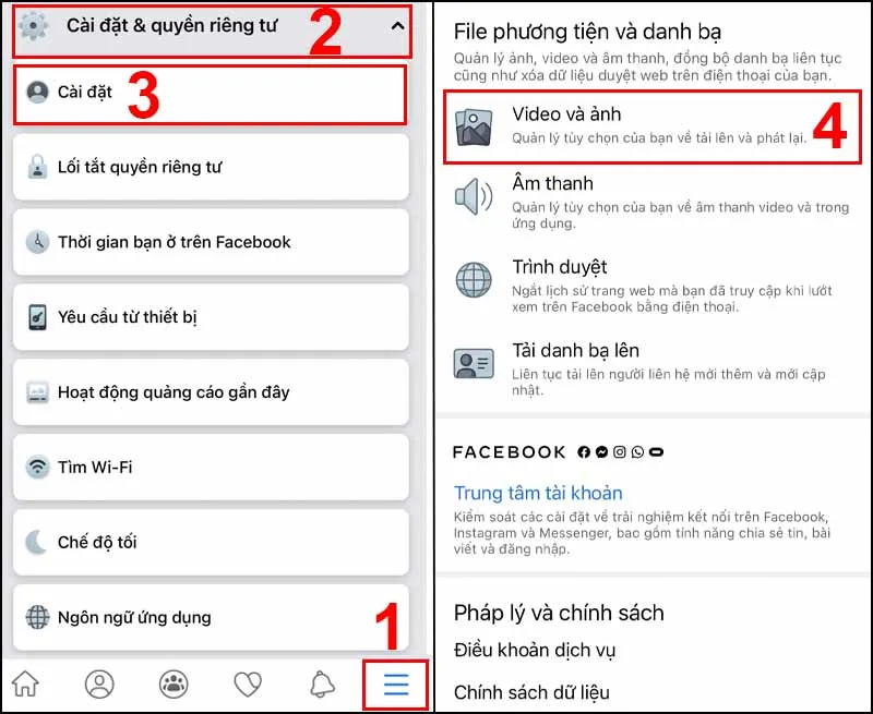 Chọn Video và ảnh từ menu cài đặt Facebook trên iPhone