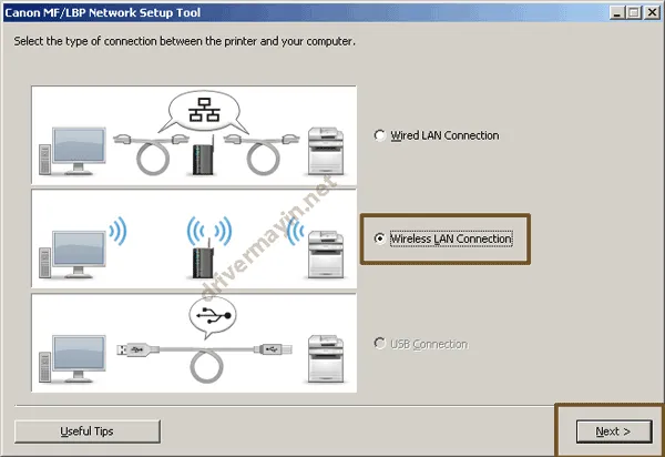 Chọn Wireless LAN Connection để cài đặt Wi-Fi máy in Canon 6030W