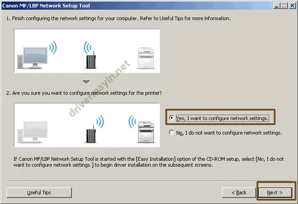 Chọn Yes để cấu hình cài đặt mạng cho máy in Canon 6030W