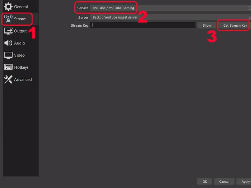 Chọn YouTube là dịch vụ phát trực tiếp trong cài đặt OBS