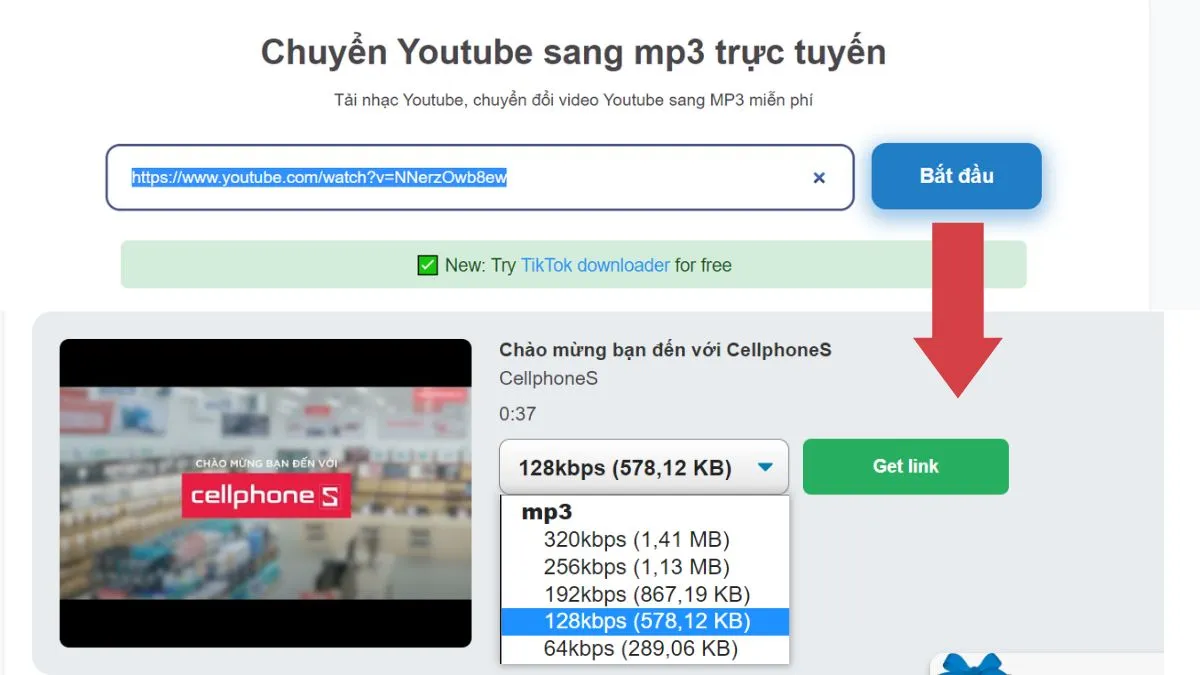 Chuyển đổi nhạc YouTube MP3 bằng ytmp3.cc