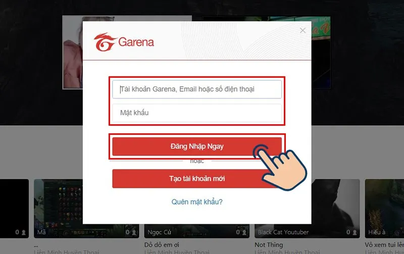 Cửa sổ đăng nhập tài khoản Garena yêu cầu nhập tên người dùng và mật khẩu
