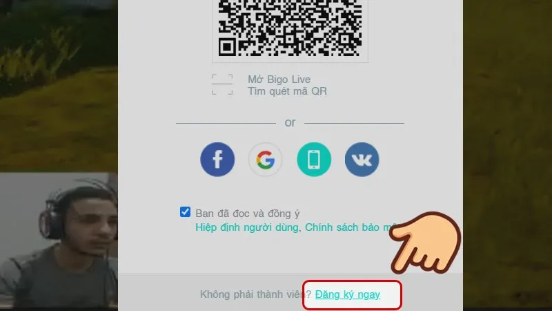 Cửa sổ đăng nhập trên máy tính hiển thị tùy chọn Đăng ký ngay, bước quan trọng để chuẩn bị cho việc live Bigo trên máy tính