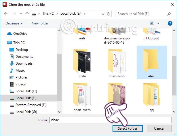 Cửa sổ lựa chọn thư mục trên máy tính để thiết lập nơi lưu trữ các bản ghi stream game từ Garena