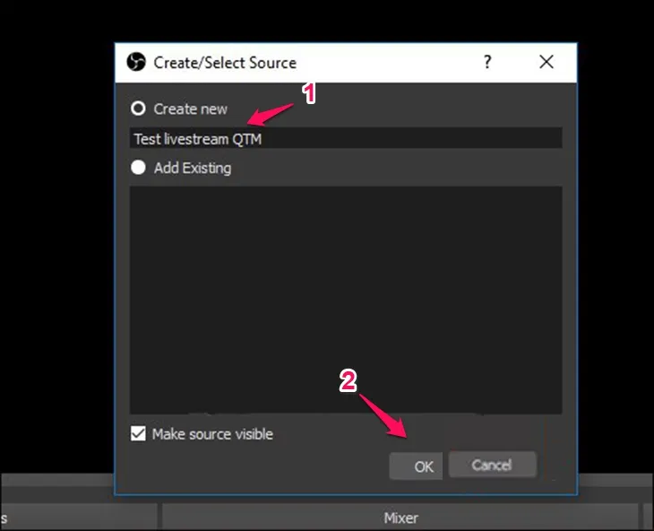 Cửa sổ tạo nguồn mới Display Capture trong OBS Studio, cho phép đặt tên cho nguồn hiển thị màn hình trước khi xác nhận