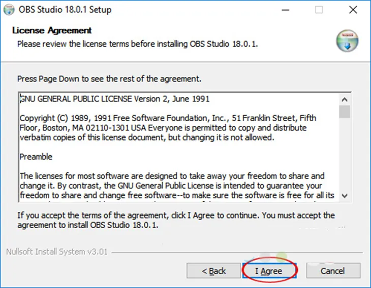 Cửa sổ thỏa thuận giấy phép người dùng của OBS Studio, yêu cầu chấp nhận điều khoản dịch vụ bằng cách chọn I Agree