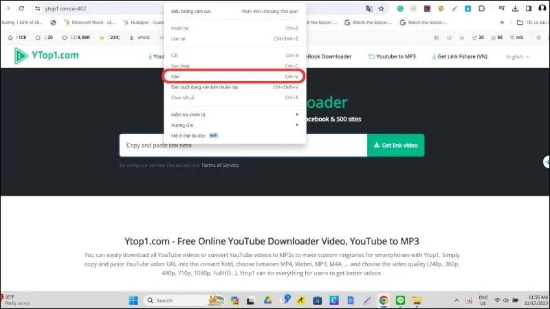 Dán đường link video vào thanh tìm kiếm Ytop1.com trên máy tính