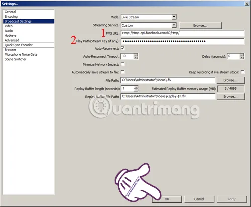 Dán Khóa luồng và URL máy chủ vào Broadcast Settings của OBS