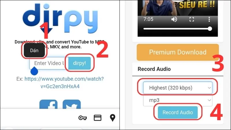 Dán liên kết và chọn Record Audio để tải nhạc từ YouTube trên Android qua Dirpy