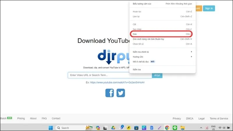 Dán liên kết video YouTube đã sao chép vào ô tìm kiếm của trang web Dirpy trên máy tính.
