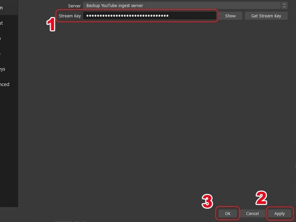 Dán Stream Key vào OBS Studio và hoàn tất cấu hình kết nối YouTube Live