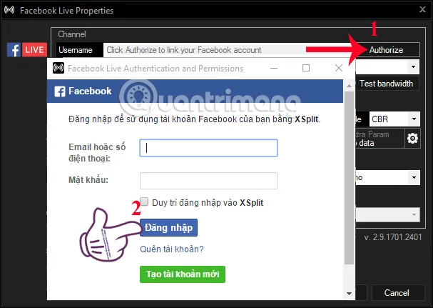 Đăng nhập tài khoản Facebook để cấp quyền cho XSplit Broadcaster thực hiện livestream Facebook