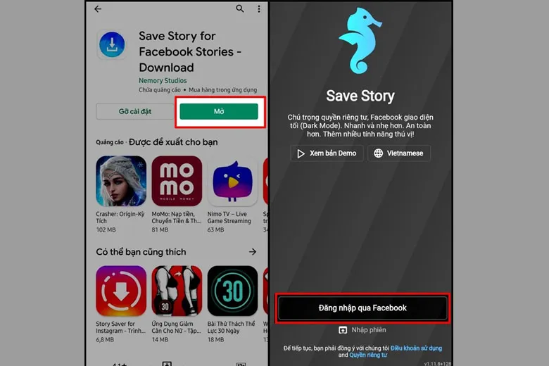 Đăng nhập tài khoản Facebook vào ứng dụng Save Story để truy cập story video