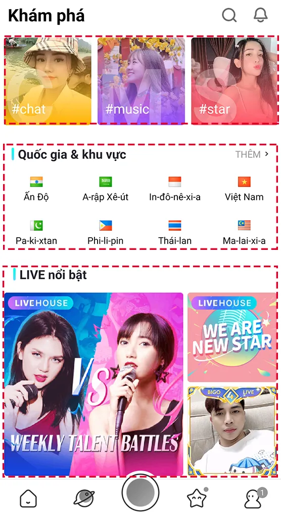 Danh mục khám phá trên Bigo Live, giúp người dùng tìm kiếm livestream theo chủ đề hoặc tiêu chí cụ thể