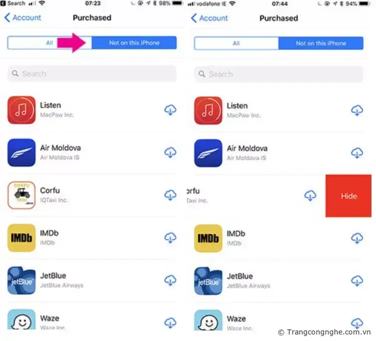 Danh sách các ứng dụng đã tải xuống hiển thị trong App Store của iPhone, cho phép người dùng xem và quản lý những gì đã được lưu trữ trên thiết bị.