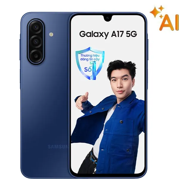 Điện thoại Samsung Galaxy A17 5G màu xanh, thể hiện tính năng kết nối mạng ổn định cho việc tải video từ autoback up về điện thoại