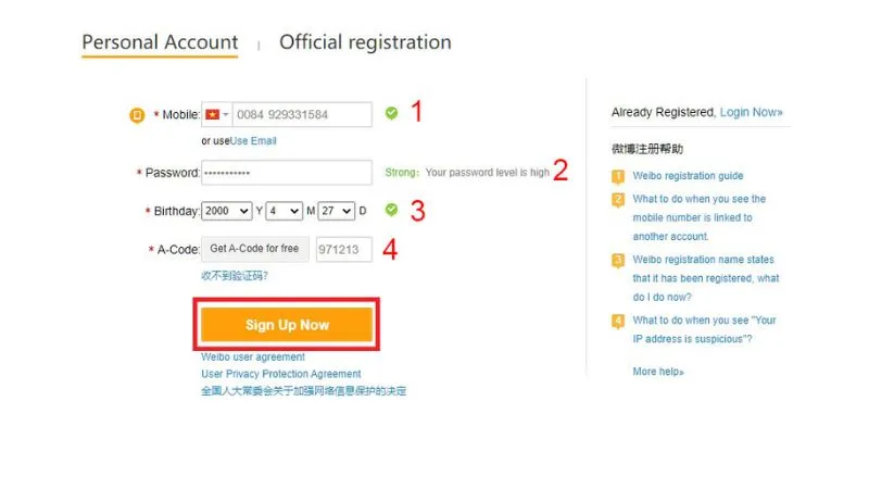 Điền thông tin đăng ký tài khoản Weibo, đảm bảo truy cập đầy đủ để có thể tải video từ Weibo về điện thoại iPhone.
