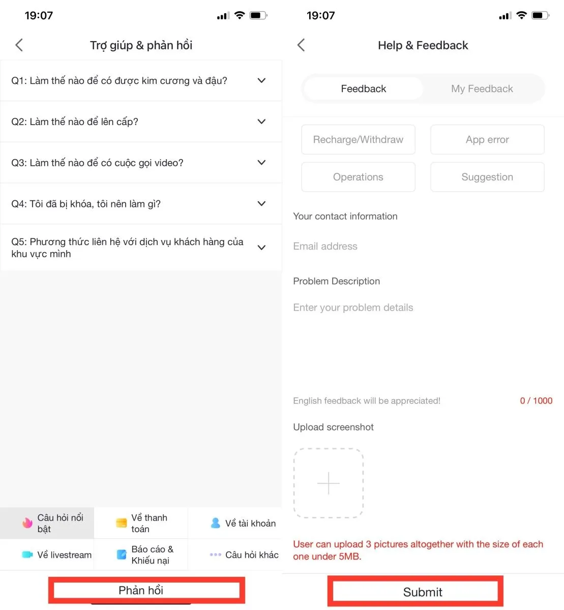 Điền thông tin và gửi yêu cầu mở khóa tài khoản Bigo Live