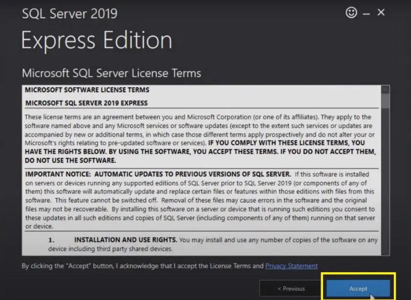 Đồng ý với điều khoản cấp phép SQL Server 2019