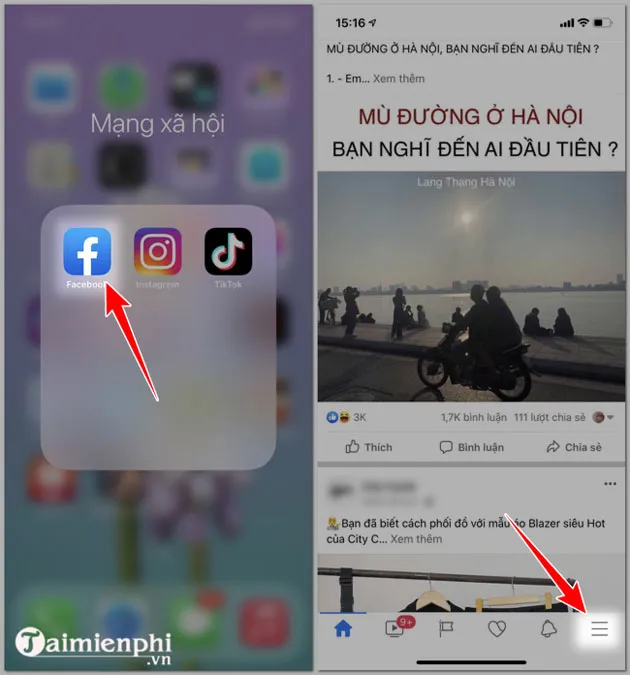 Facebook app with "Logout" highlighted in settings, illustrating how to log out of the account.