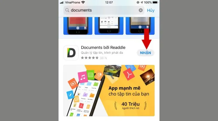 Giao diện App Store hiển thị ứng dụng Documents by Readdle, công cụ hữu ích để tải và quản lý video trên iPhone 6 Plus
