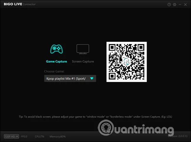 Giao diện Bigo Live Connector cho phép người dùng lựa chọn màn hình muốn phát live stream, bao gồm Game Capture hoặc Screen Capture