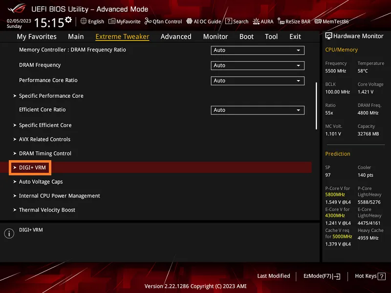 Giao diện BIOS/UEFI của bo mạch chủ ASUS, nơi người dùng nâng cao có thể điều chỉnh các tùy chọn DIGI+ VRM để tối ưu hiệu năng khi xử lý các tác vụ nặng như tải video