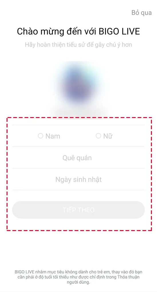 Giao diện bổ sung thông tin cá nhân trên Bigo Live giúp người dùng hoàn thiện hồ sơ của mình
