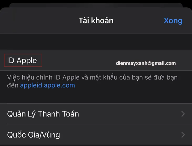 Giao diện cài đặt Apple ID trên iPhone, bước đầu để thay đổi vùng và tải Douyin nhằm tải video TikTok Trung Quốc.