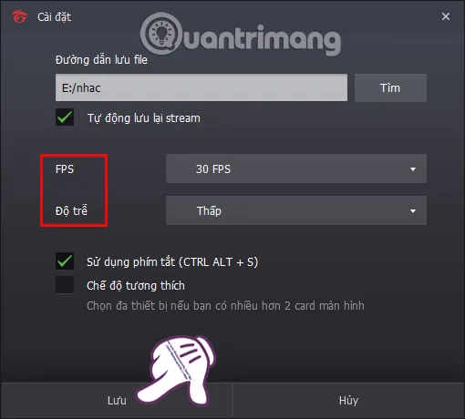 Giao diện cài đặt cuối cùng của Garena Live cho phép tinh chỉnh FPS, độ trễ và lưu các thiết lập
