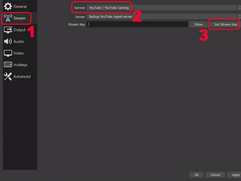 Giao diện cài đặt Stream trong OBS Studio với lựa chọn YouTube và nút Get Stream Key