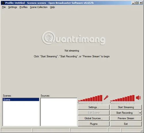 Giao diện chính của phần mềm OBS Studio để live video Facebook