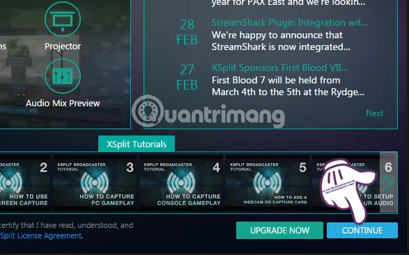 Giao diện chính của XSplit Broadcaster sau khi đăng nhập, nơi thiết lập livestream