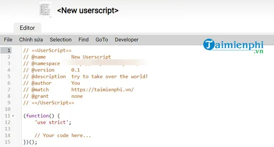 Giao diện chỉnh sửa script trong Tampermonkey trước khi chèn mã