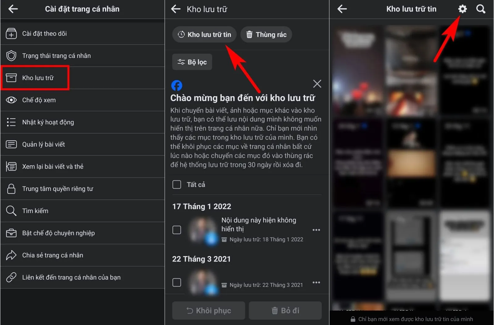 Giao diện chọn "Kho lưu trữ" và "Kho lưu trữ tin" trên điện thoại, hướng dẫn cách tải video từ tin trên facebook3