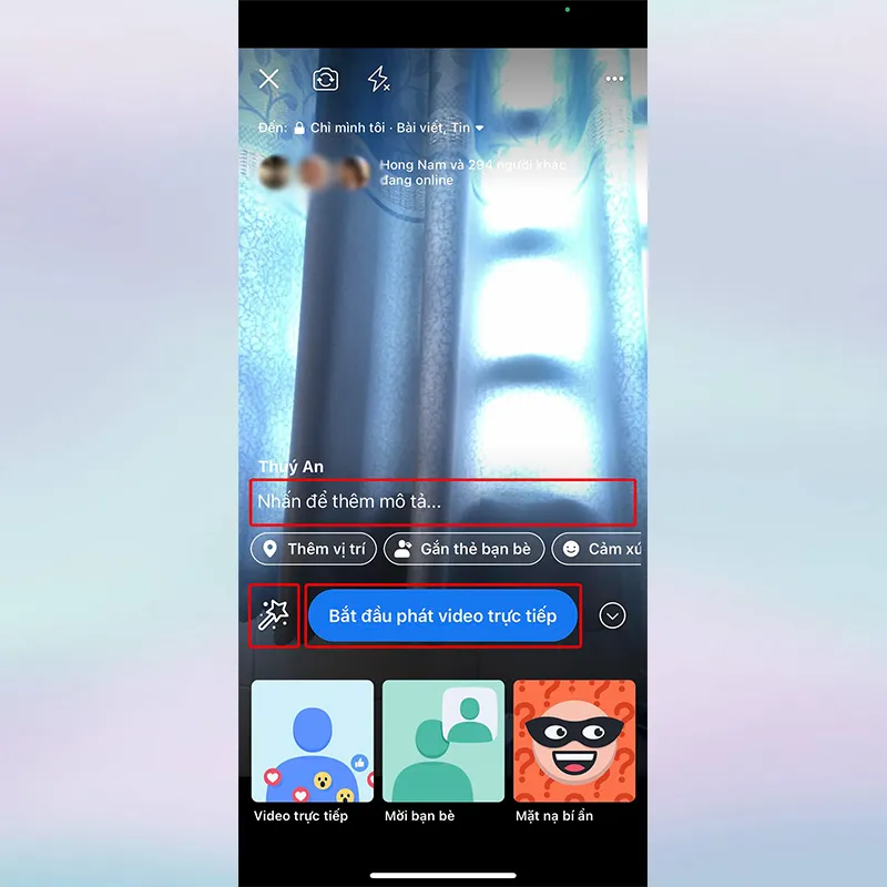 Giao diện chuẩn bị live stream trên điện thoại Android, bao gồm tùy chọn thêm mô tả, hiệu ứng và filter trước khi phát sóng.