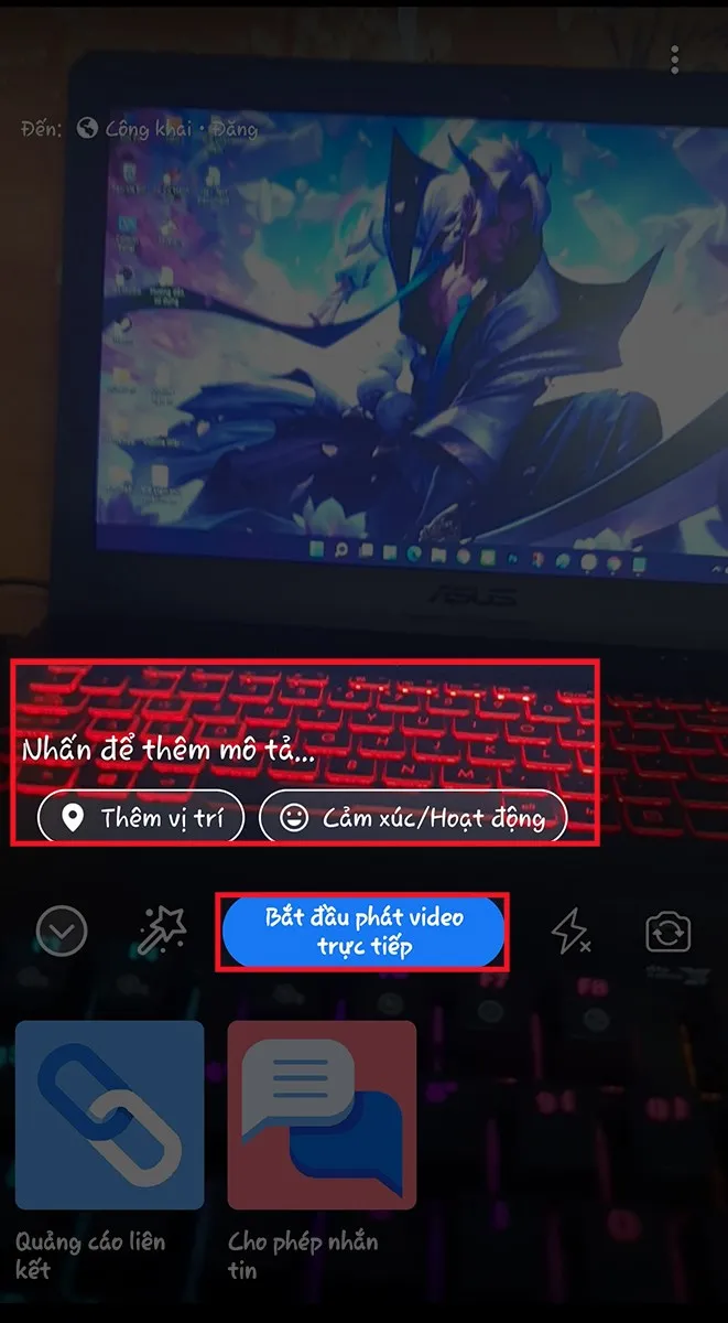 Giao diện chuẩn bị live stream trên điện thoại, có khung nhập mô tả và nút Bắt đầu phát trực tiếp, minh họa cách live stream trên Fanpage Facebook