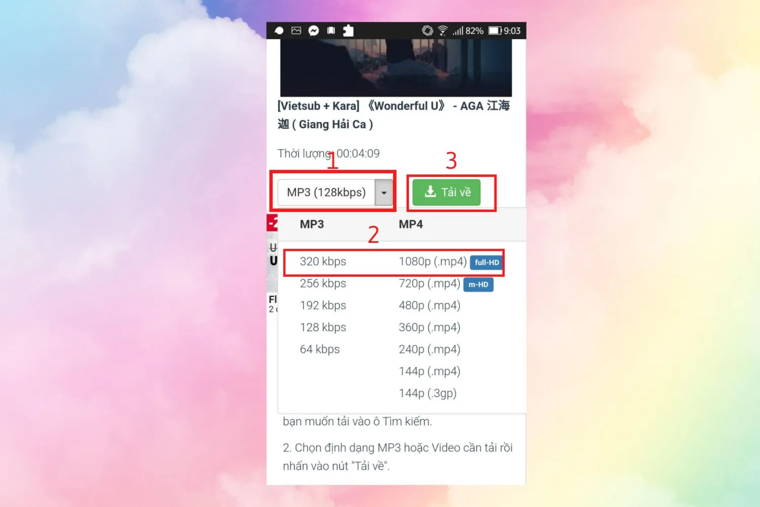 Giao diện chuyển đổi và lựa chọn chất lượng khi tải video trên Youtube MP3 bằng Y2mate