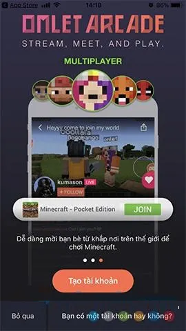 Giao diện đăng nhập hoặc tạo tài khoản Omlet Arcade để phát trực tiếp nội dung