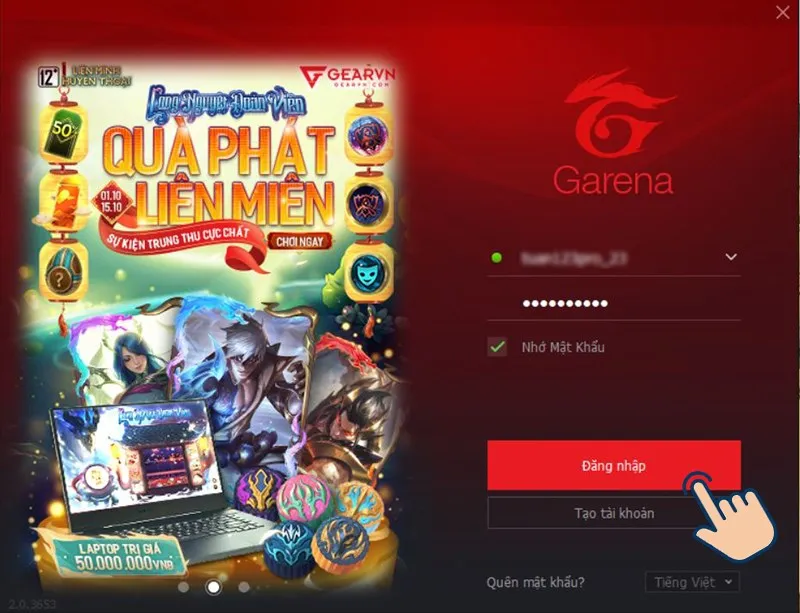Giao diện đăng nhập tài khoản Garena trên ứng dụng client