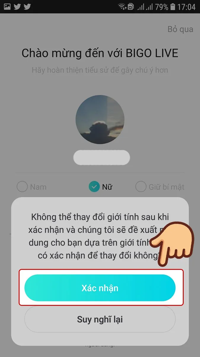 Giao diện điện thoại yêu cầu xác nhận thông tin đã nhập, đảm bảo tính chính xác cho việc live Bigo trên máy tính
