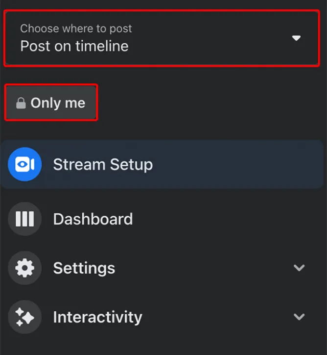 Giao diện Facebook cho phép người dùng chọn đối tượng và vị trí phát sóng trực tiếp, đây là bước cuối cùng trước khi live stream PC bằng điện thoại lên nền tảng.